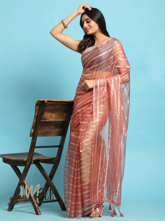 A Zari Striped Organza Saree with a Flowing Latkan Pallu - Sanaya