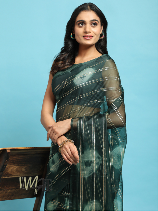 Dark Green Zari Striped & Printed Organza Saree Adorned With Latkan Pallu - Diksha