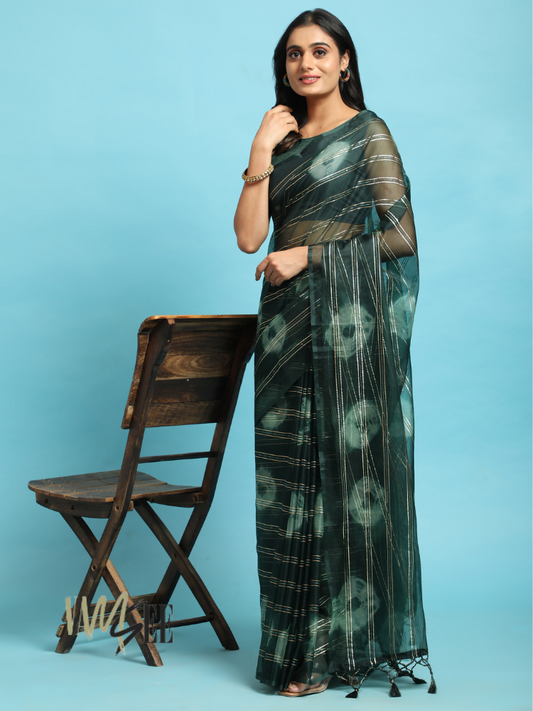 Dark Green Zari Striped & Printed Organza Saree Adorned With Latkan Pallu - Diksha