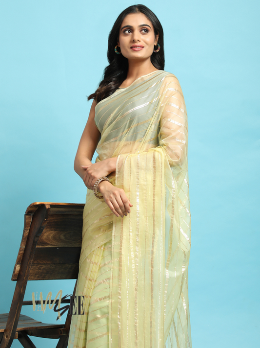 Lemon Yellow  Zari Striped Organza Saree with a Flowing Latkan Pallu - Sanaya