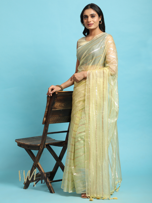 Lemon Yellow  Zari Striped Organza Saree with a Flowing Latkan Pallu - Sanaya